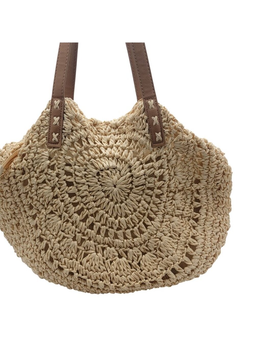 Boho Woven Straw Tote Bag With Faux Leather Straps And Zippered